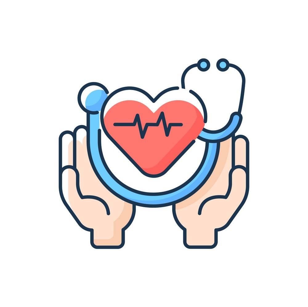 Flat illustration of two hands cupping a red heart with a heartbeat line and a stethoscope wrapped around it